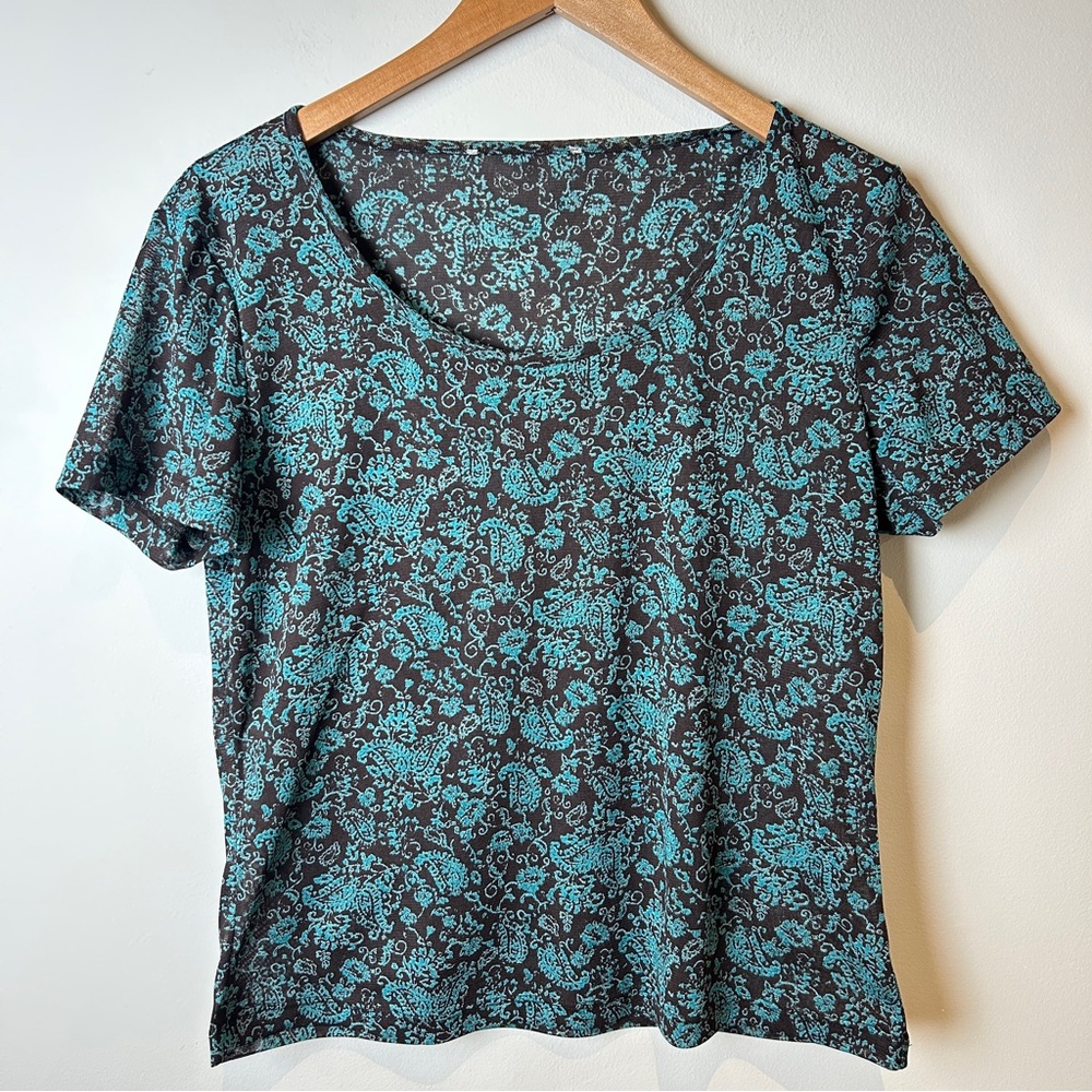 Y2K Brown & Teal Floral Mesh Scoop Neck Women's Top
